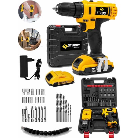 Sturdy 46VF 5mah Lityum Çift Akülü Sarjlı Vidalama Matkap New Seri  Uzun Ömürlü Kullanım  27 Parça Setli