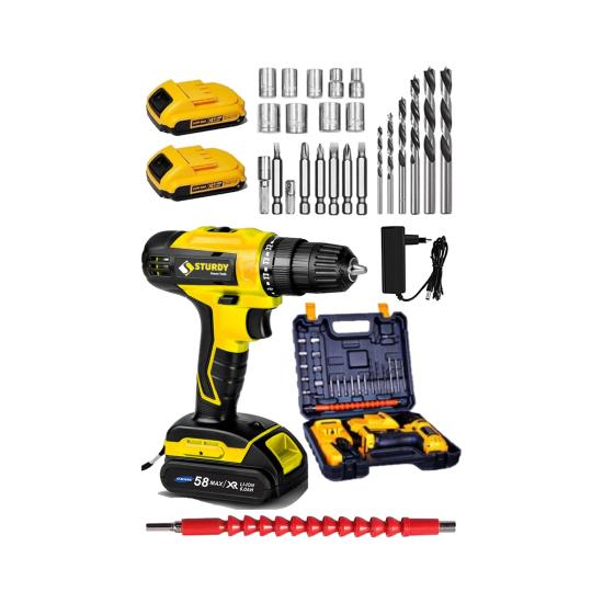 Sturdy 58V 6AH Lıon  Sarı Çift Akülü Turbo Şarjlı Vidalama Matkap 27 Parça Uç Setli