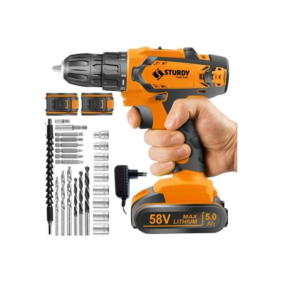 Sturdy Japon Technology 58V 6AH M-5 Metal Şanzıman Şarjlı Çift Akülü Vidalama 27PRÇ Uç Setli
