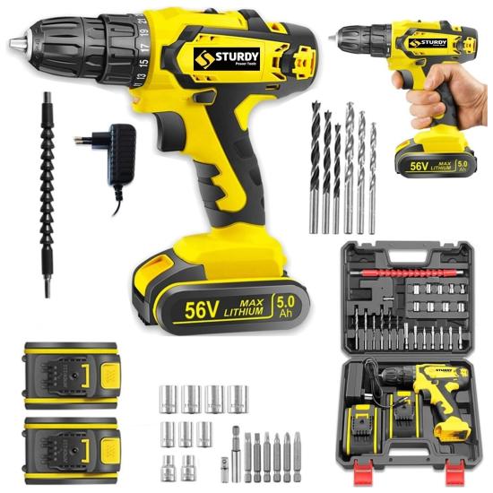 Sturdy 58V 8AH T-E Seri Metal Şanzuman Şarjlı Çift Akülü Matkap 27 Parça Uç Setli