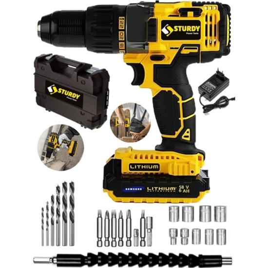 Sturdy Japon Technology 58V8AH W-Q-Z Seri Metal Şanzuman Şarjlı Çift Akülü Matkap 27 Parça Uç Setli