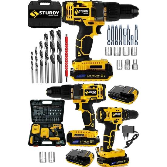 Sturdy Japon Tech Darbeli Bakır Sargı Metal Şanzıman Çift Akülü Vidalama Matkap Seti 58 vf 10 ah