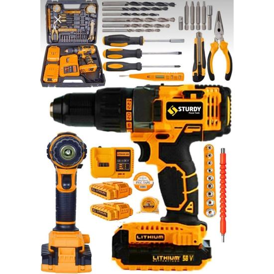 Sturdy 58V Japon Tech 58 V 10 Ah Darbeli Lion Çift Akülü Metal Şanzıman Turbo Şarjlı Matkap +Komple Set Bakır Sargı Yardımcı Setli