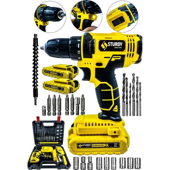 Sturdy 58 V 5 Ah Şarjlı Çift Akülü Vidalama Matkap Sarı Adaptör