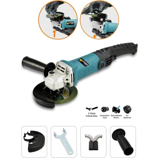 Sturdy 1250WATT  Avuç İçi Taşlama Makinası 6 Kademeli Uzun Kuyruk Devir Ayarlı 125 mm Mavi