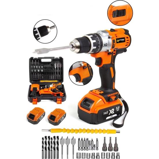 Sturdy 10MM  21 volt 5 pilli 30 parça setli  DARBELİ Su Terazisi Göstergeli Yedek Akülü Çantalı LED Akülü Vidalama Matkap