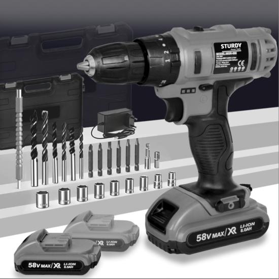 Sturdy New Seri 58 V 10 Ah Çelik Şanzuman Bakır Sargılı Çift Akülü Şarjlı Matkap  Vidalama 27 Parça Set Profesyonel