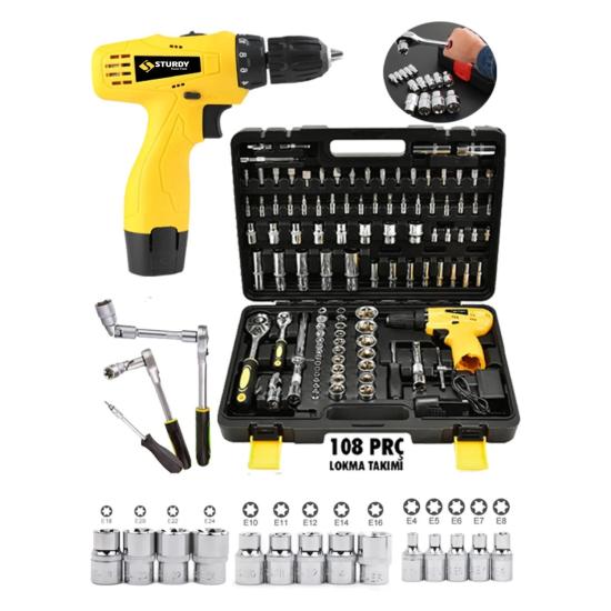 Sturdy 108 Parça Ful Set 58 Vf 10 Ah Akülü Vidalama Matkap ve Lokma ve Uc Takım Seti Çantalı