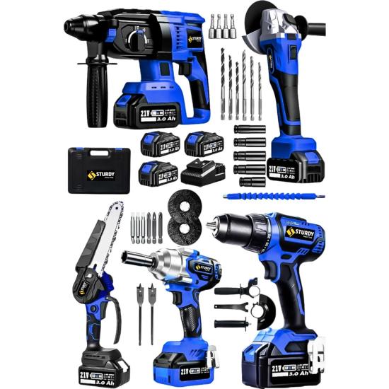 Sturdy Pro 21V  3 Akülü 5’li Set Kırıcı Delici Hilti Taşlama Somun Sıkma Akülü Vidalama Budama Testeresi Ustahobby Set