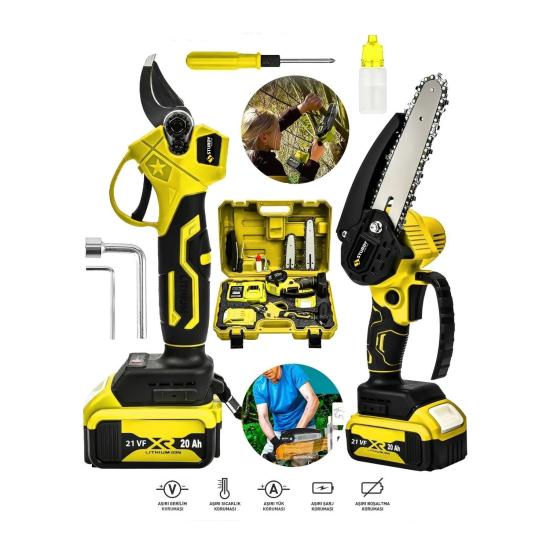 21 Volt 2 Li Set Çift Akülü Çelik Şanzuman Şarjlı Dal Ağaç Kesme Bağ Budama Makas