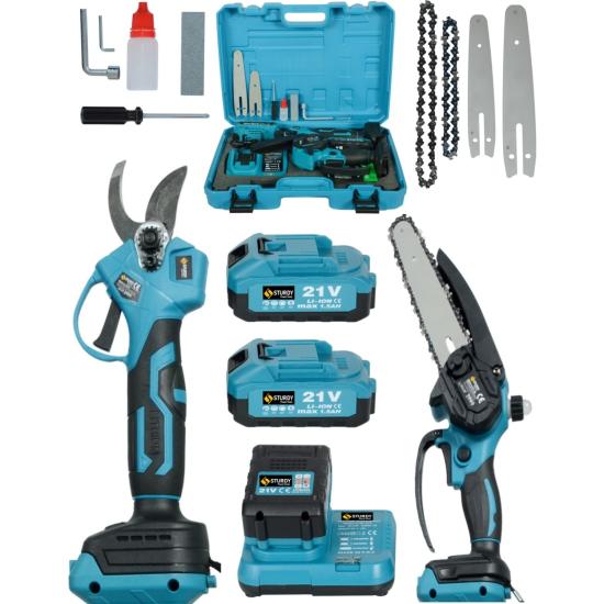 Sturdy 2’li Set 21V 1.3AH Çift Akülü Çelik Şanzıman Şarjlı Dal Budama & Testeresi Yenı Serı 15CM