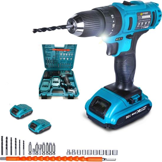 Sturdy Power Tools 46 V 5 A Darbeli Professional  Şarjlı 24 PARÇA UÇ SETLİ Çift Akülü Vidalama Matkap