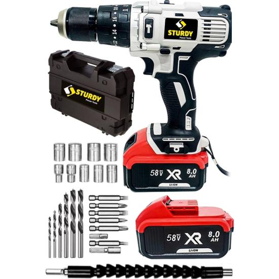 Sturdy 58V 6AH Metal Sanzumanlı   Setli  Li-ion Çift Akülü Şarjlı  Matkap 27 Parca Setli