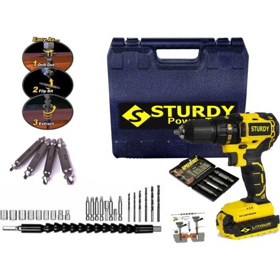 Sturdy 58V 6AH Metal Sanzumanlı EXPRESS SERİ Setli Darbeli Li-ion Çift Akülü Matkap 27 Parca Setli + BOZUK UÇ ÇIKARICI