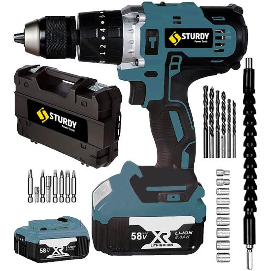 Sturdy Professionel Brushless Bakır Sargı Motor 58 Volt 6,0 Amper SPT-5860 Li-On Çift Akülü vidalama  Kömürsüz Tam Pro 27 Parça Uç Setli Şarjlı Matkap
